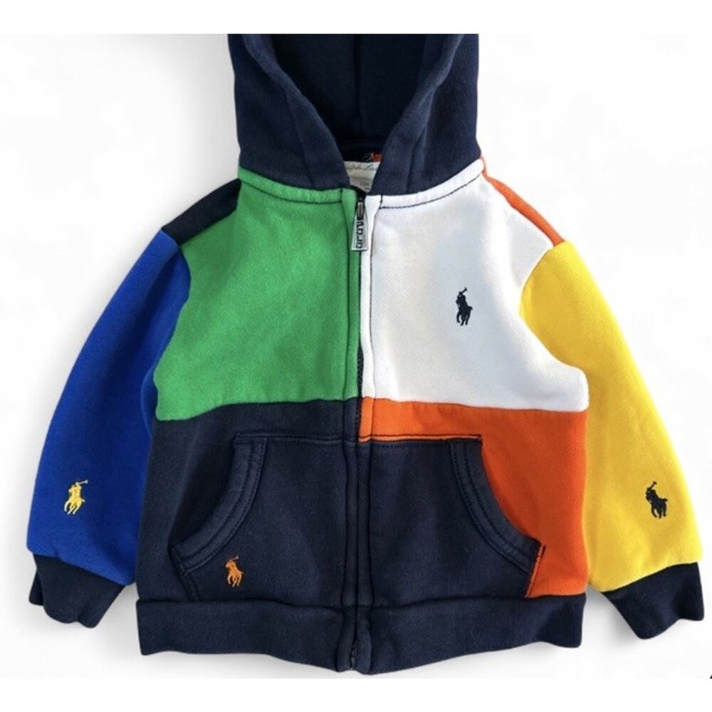 Ralph Lauren Colorblock Full Zip Hoodie Sweatshirt Baby Boy 12 Months Pony Logo - Picture 2 of 8